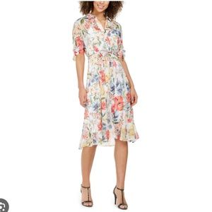 NWT Calvin Klein Midi Shirt Pale Orange Multi Dress with Self Belt - Size 12